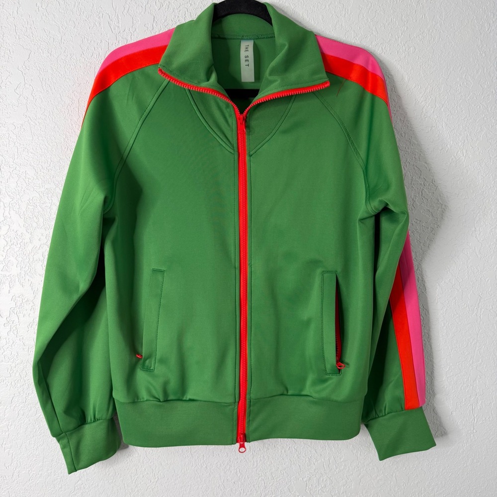 The Set Green Colorblock Track Jacket Pink & Red Stripe Full Zip Athleisure Sz M